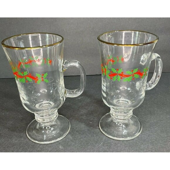 Vintage Libby Christmas Holly Berries Footed Irish Coffee Mug Set of 2 Gold Rim - Picture 1 of 10